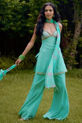 Aqua-blue printed silk kurta set