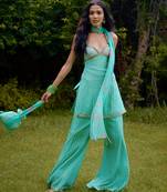 Aqua-blue printed silk kurta set