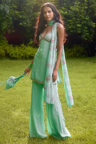 Aqua-blue printed silk kurta set