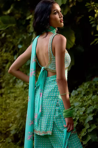 Aqua-blue printed silk kurta set