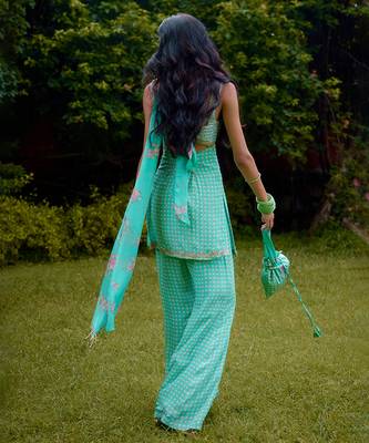 Aqua-blue printed silk kurta set 4