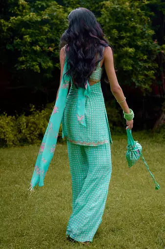 Aqua-blue printed silk kurta set