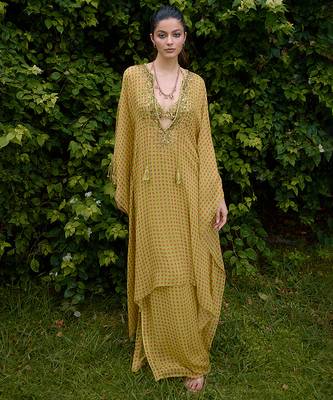 Olive printed silk kaftan 1