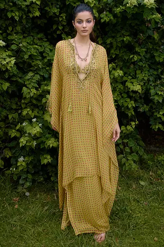 Olive printed silk kaftan