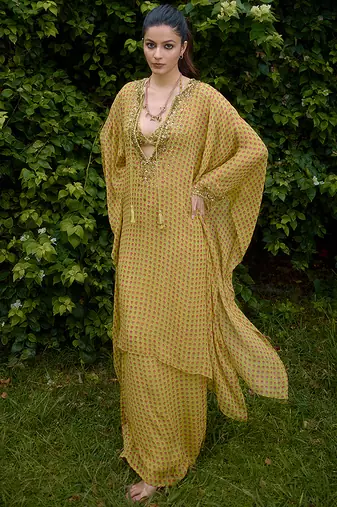 Olive printed silk kaftan