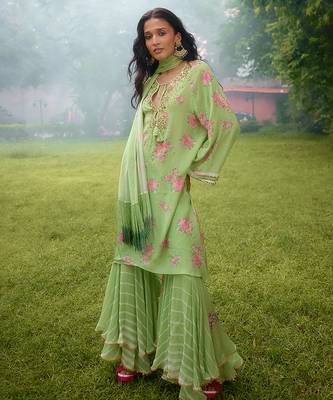 Lime green printed georgette sharara 1