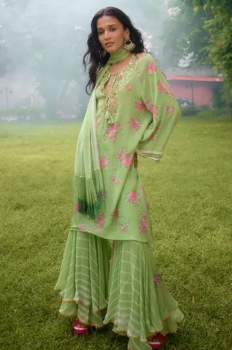 Lime green printed georgette sharara