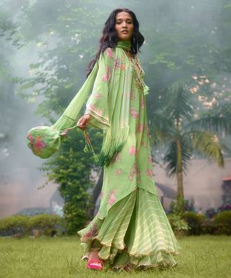 Lime green printed georgette sharara 2