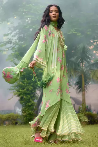 Lime green printed georgette sharara