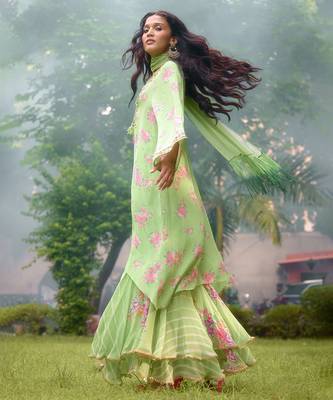 Lime green printed georgette sharara 3