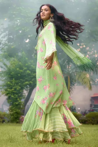 Lime green printed georgette sharara