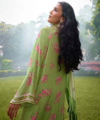 Lime green printed georgette sharara 4