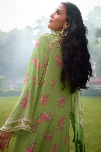 Lime green printed georgette sharara
