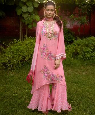 Baby pink printed georgette sharara 1