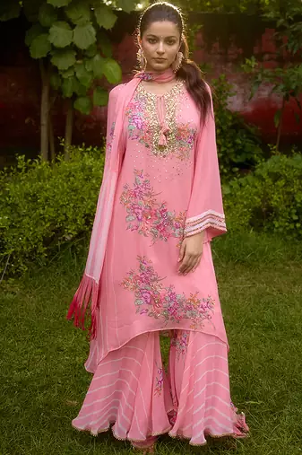 Baby pink printed georgette sharara