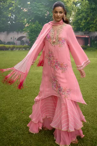 Baby pink printed georgette sharara