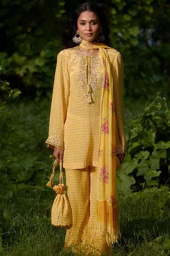 Yellow   printed georgette kurta set