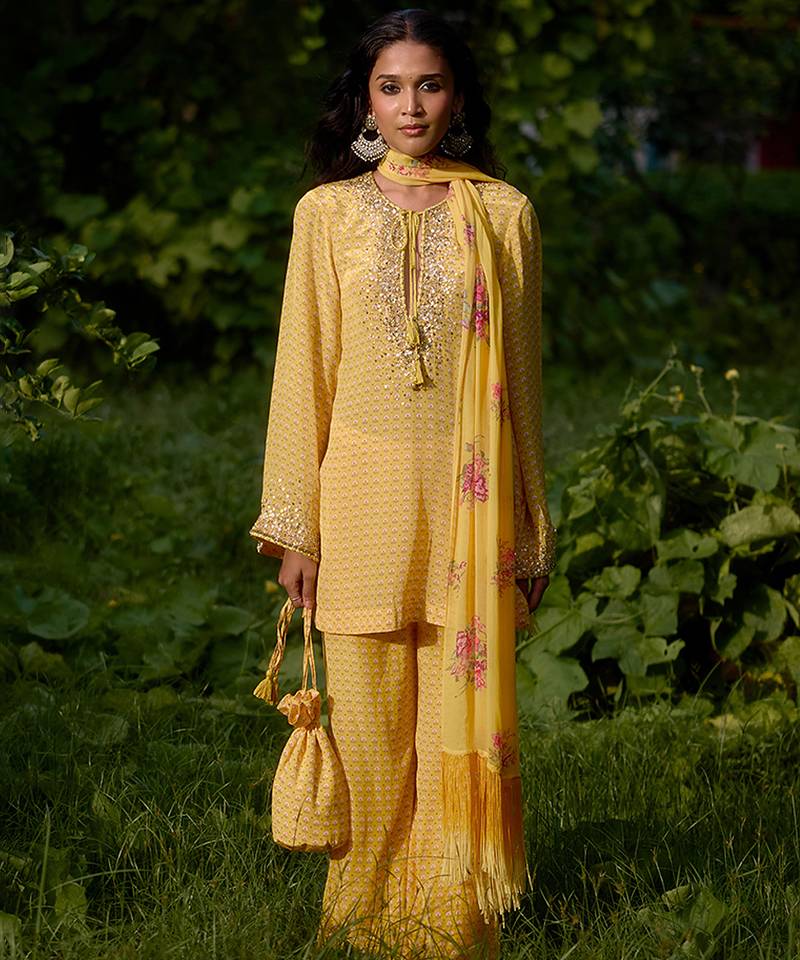 Yellow   printed georgette kurta set