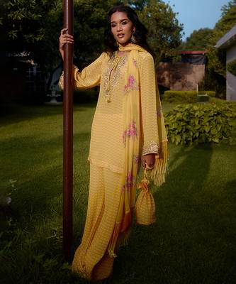 Yellow   printed georgette kurta set 2