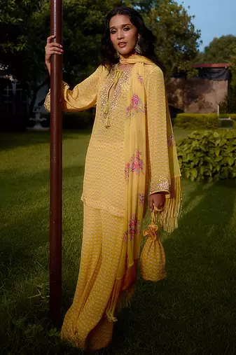 Yellow   printed georgette kurta set
