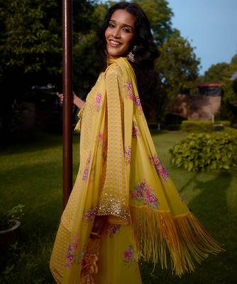 Yellow   printed georgette kurta set 3