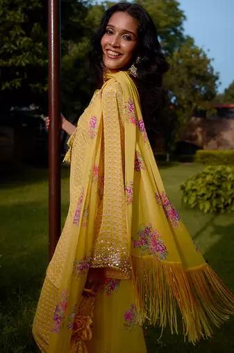 Yellow   printed georgette kurta set