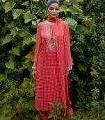 Coral   printed georgette kurta set