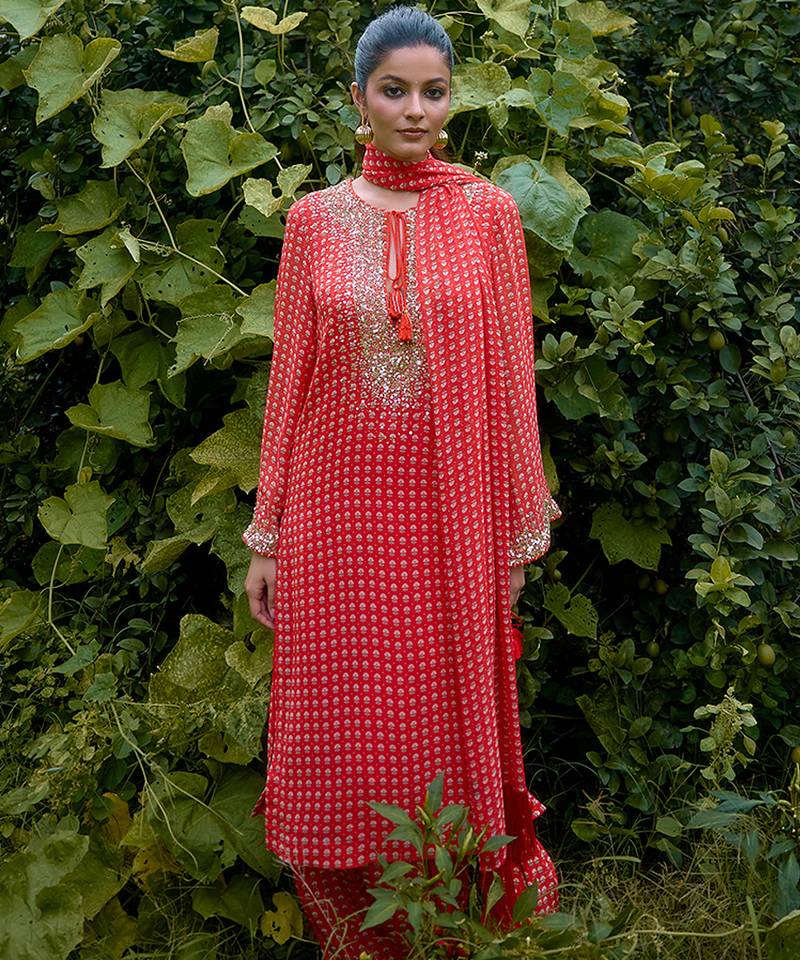 Coral   printed georgette kurta set