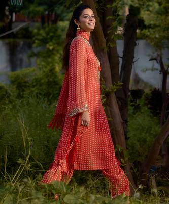 Coral   printed georgette kurta set 2