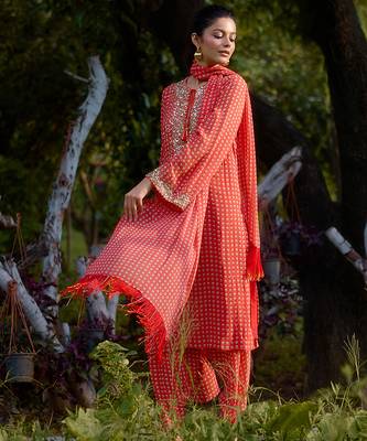 Coral   printed georgette kurta set 3