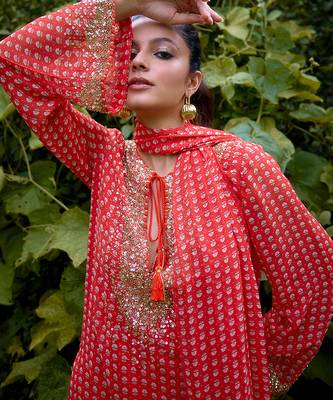 Coral   printed georgette kurta set 4