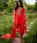 Red embroidered georgette kurta set