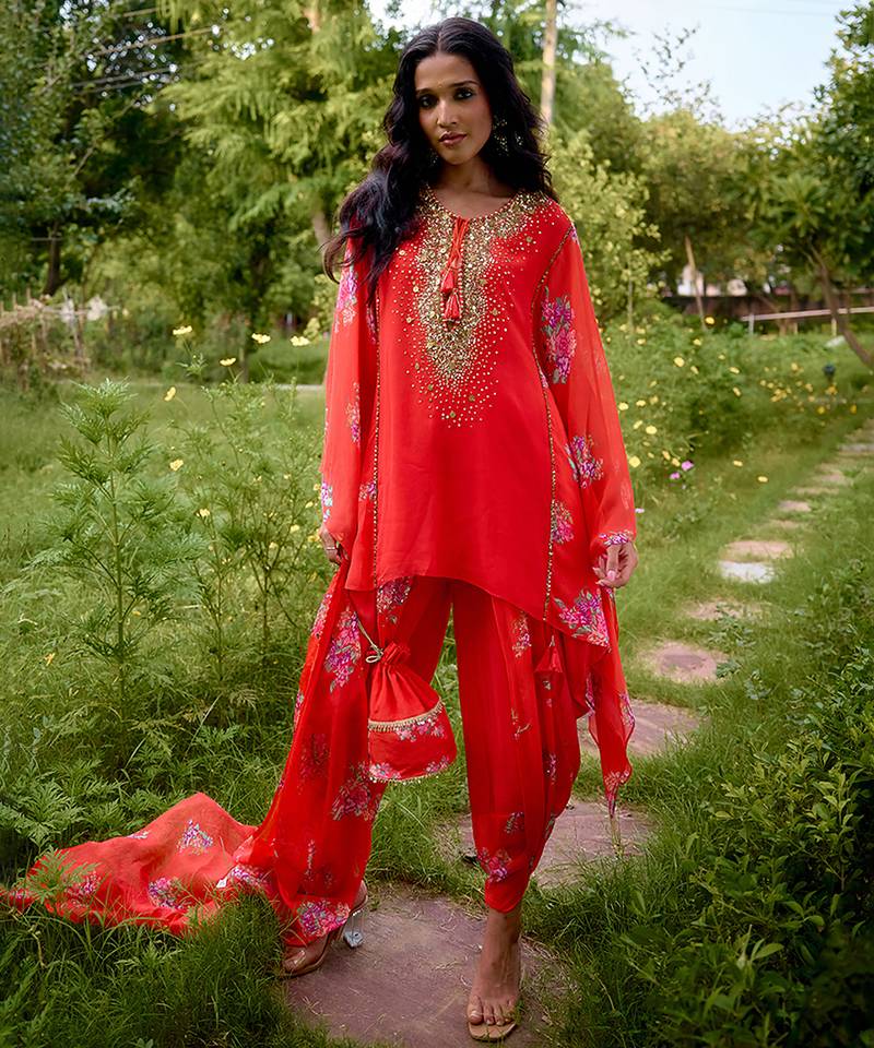 Red embroidered georgette kurta set
