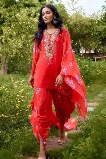 Red embroidered georgette kurta set