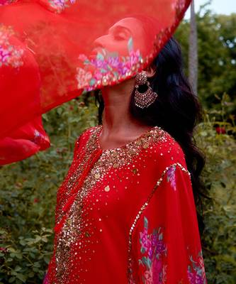 Red embroidered georgette kurta set 3