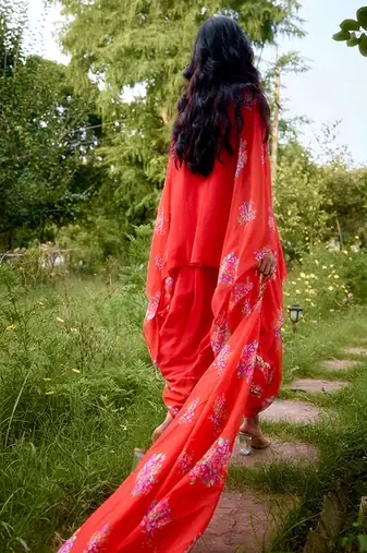 Red embroidered georgette kurta set