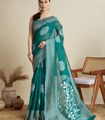 Green designer weaving print silk blend saree with floral butti & striped border | ethnic saree with blouse