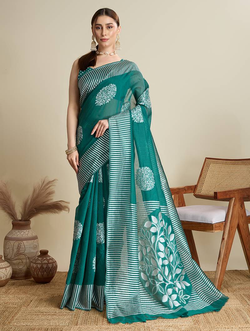 Green designer weaving print silk blend saree with floral butti & striped border | ethnic saree with blouse