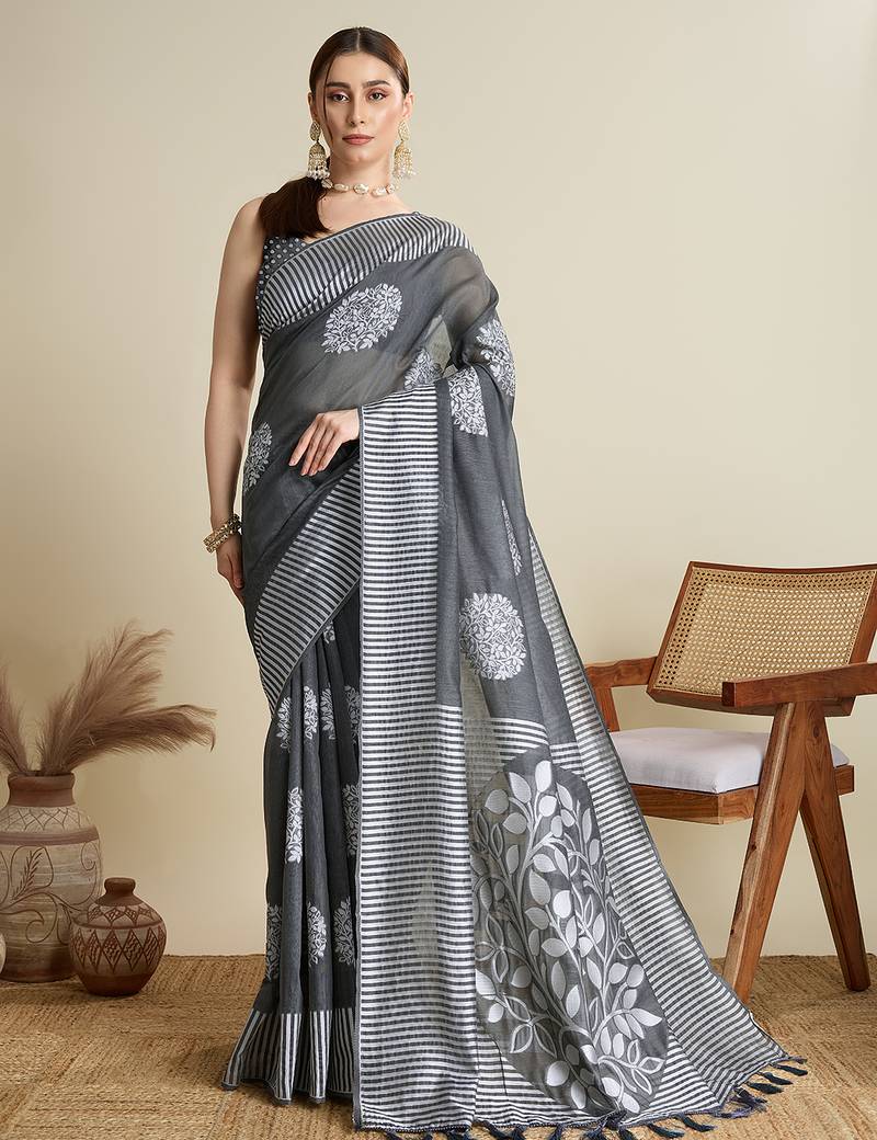 Grey designer weaving print silk blend saree with floral butti & striped border | ethnic saree with blouse