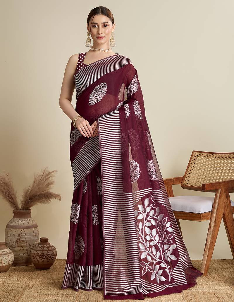 Maroon designer weaving print silk blend saree with floral butti & striped border | ethnic saree with blouse