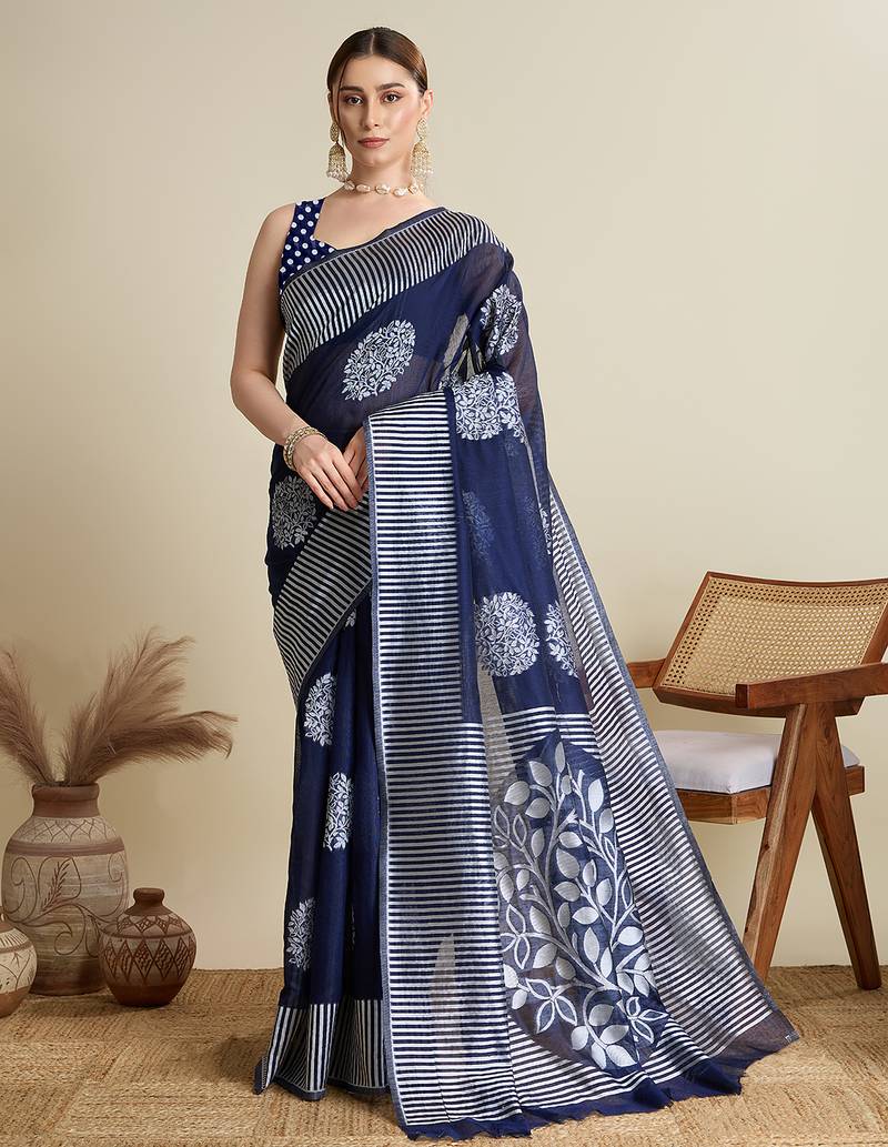 Navy designer weaving print silk blend saree with floral butti & striped border | ethnic saree with blouse