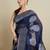 Navy designer weaving print silk blend saree with floral butti & striped border | ethnic saree with blouse
