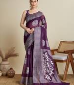 Purple designer weaving print silk blend saree with floral butti & striped border | ethnic saree with blouse
