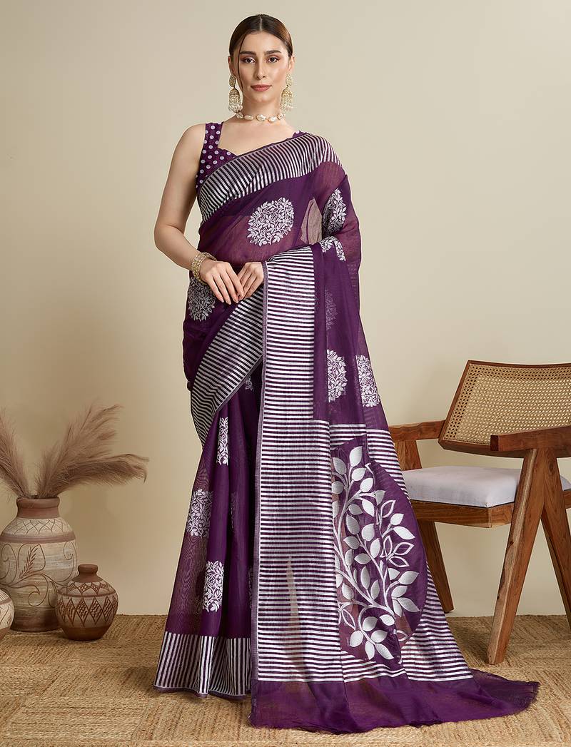 Purple designer weaving print silk blend saree with floral butti & striped border | ethnic saree with blouse