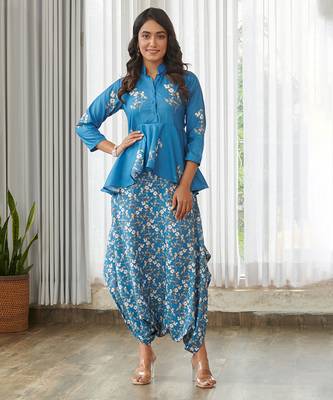 Blue floral printed cotton dhoti jumpsuit 1