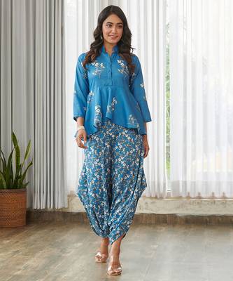 Blue floral printed cotton dhoti jumpsuit 3