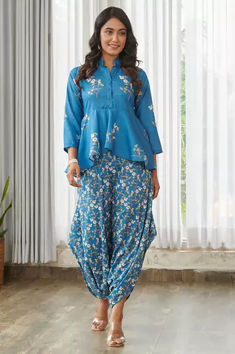 Blue floral printed cotton dhoti jumpsuit
