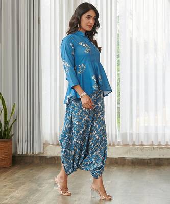 Blue floral printed cotton dhoti jumpsuit 4