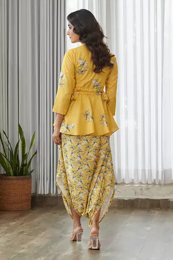 Yellow floral printed cotton dhoti jumpsuit
