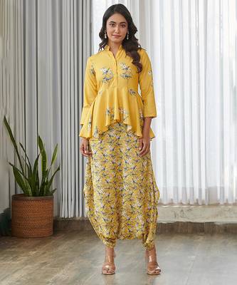 Yellow floral printed cotton dhoti jumpsuit 1